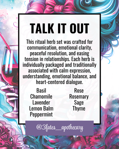 Talk It Out Ritual Herbs | Communication Herb Kit | Harmony, Conflict Resolution & Clear Speech | Rose, Rosemary, Sage | 3Fates Signature Collection