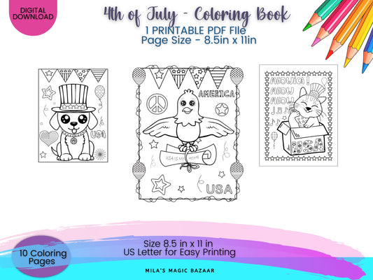 4th of July Kid's Coloring Book: 10 Patriotic Pages (Digital Download)