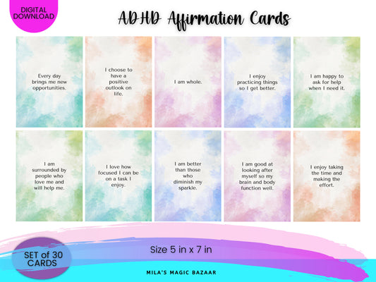 ADHD Affirmation Cards: 30 Daily Mental Health Tools (Digital Download)