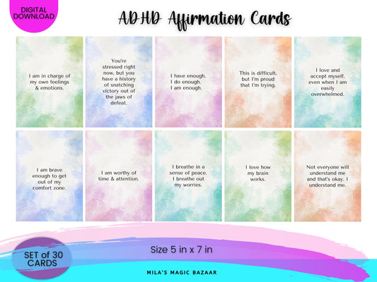 ADHD Affirmation Cards: 30 Daily Mental Health Tools (Digital Download)