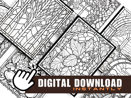 Autumn Botanicals Stained Glass Coloring Pages (Digital Download)